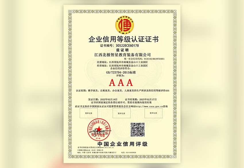 企业信用等级认证证书